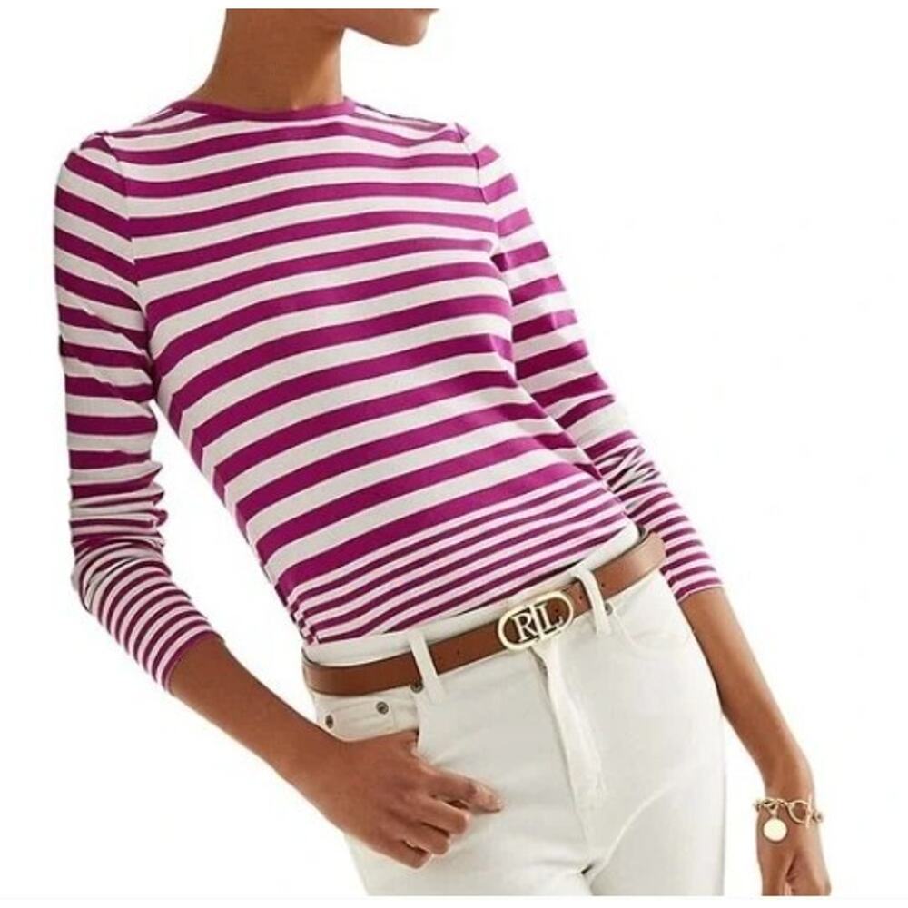 Lauren Ralph Striped Snap Trim Long Sleeve Top Shirt Sz Large Pink/Purple white